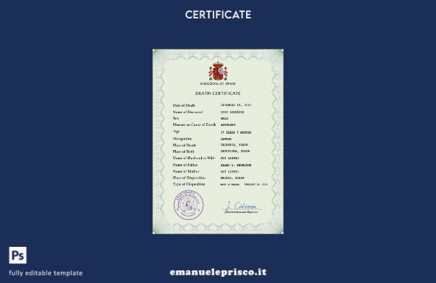 modello PSD del certificato di morte della Spagna in stile verificato
